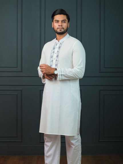 Classic White Cotton Hand-Embroidered Panjabi