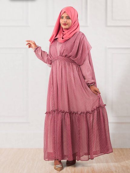 Dot Printed Gown with attached scarf