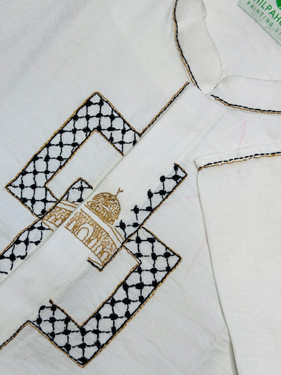 Milk White Al-Aqsa Theme-based Hand Embroidered Panjabi Panjabi image