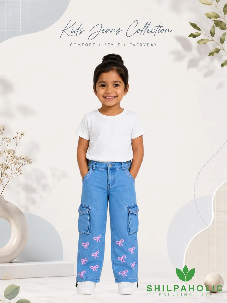 Kids Bow Print light blue Jeans Young girl wearing Bow Print light Blue girls jeans with heart detailing